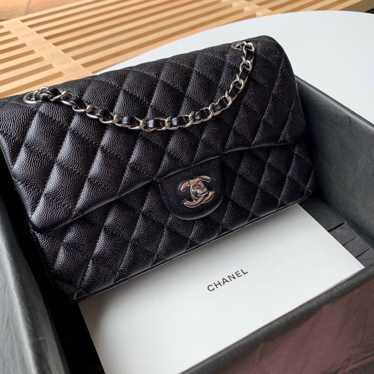 Chanel Classic Handbag Silver Hardware Black For Women, Women’s Bags, Shoulder And Crossbody Bags 10.2in/26cm A01112