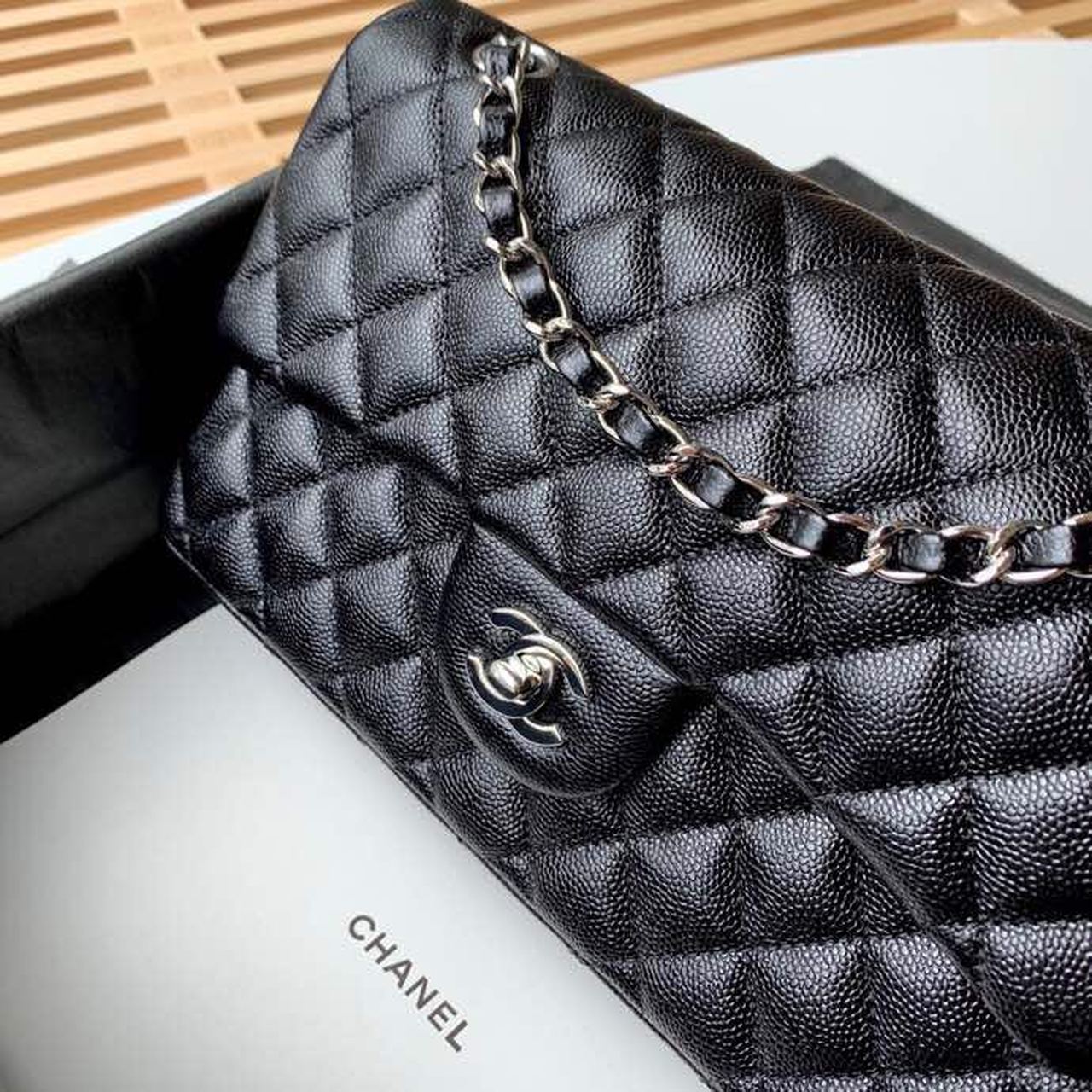 Chanel Classic Handbag Silver Hardware Black For Women, Women’s Bags, Shoulder And Crossbody Bags 10.2in/26cm A01112
