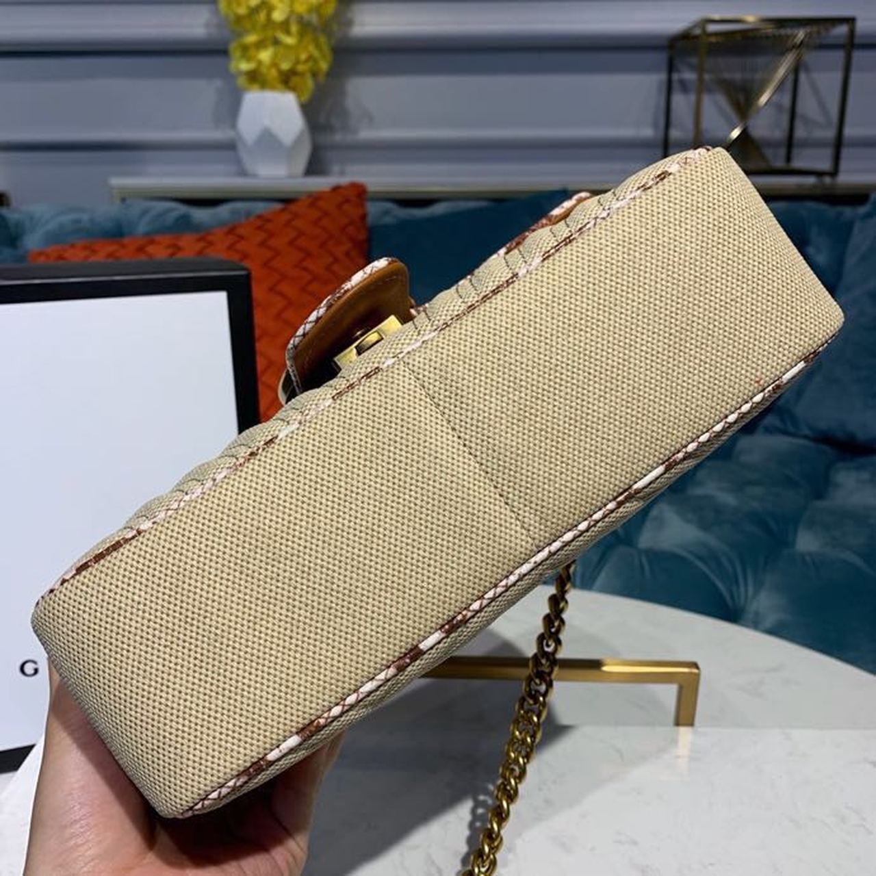 gg Marmont Raffia Straw Shoulder Bag Cream/Brown/Beige gg Chevron Matelassé Raffia Effect Fabric For Women 10in/26cm gg  ‎443497