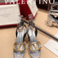 Valentino Garavani Strap Heeled Sandals With V Logo Signature Embellishment Silver For Women