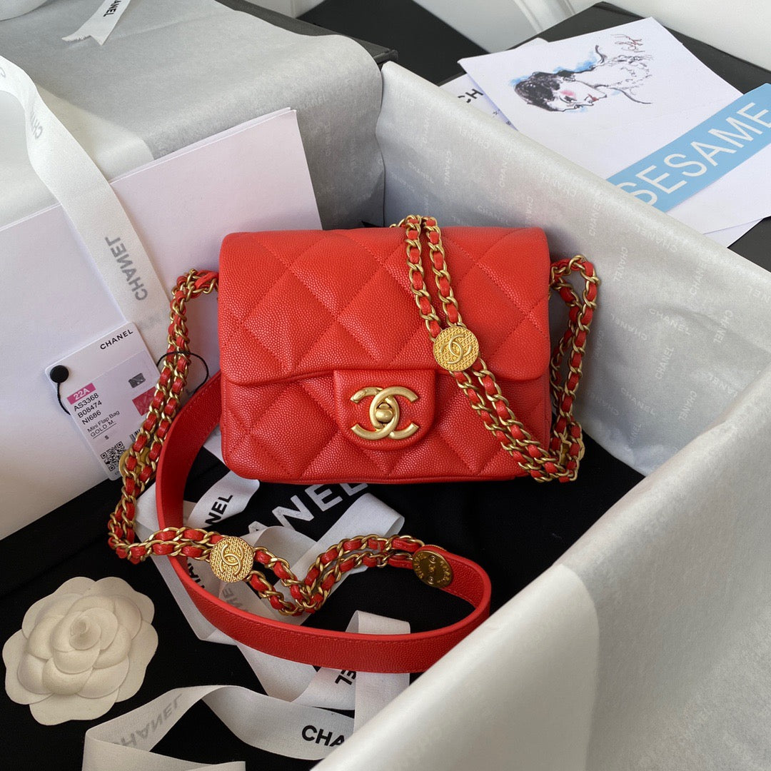 ChanelMini Flap Bag With Top Handle Gold Hardware Red For Women, Women’s Handbags, Shoulder Bags 7.9in/20cm AS2431 