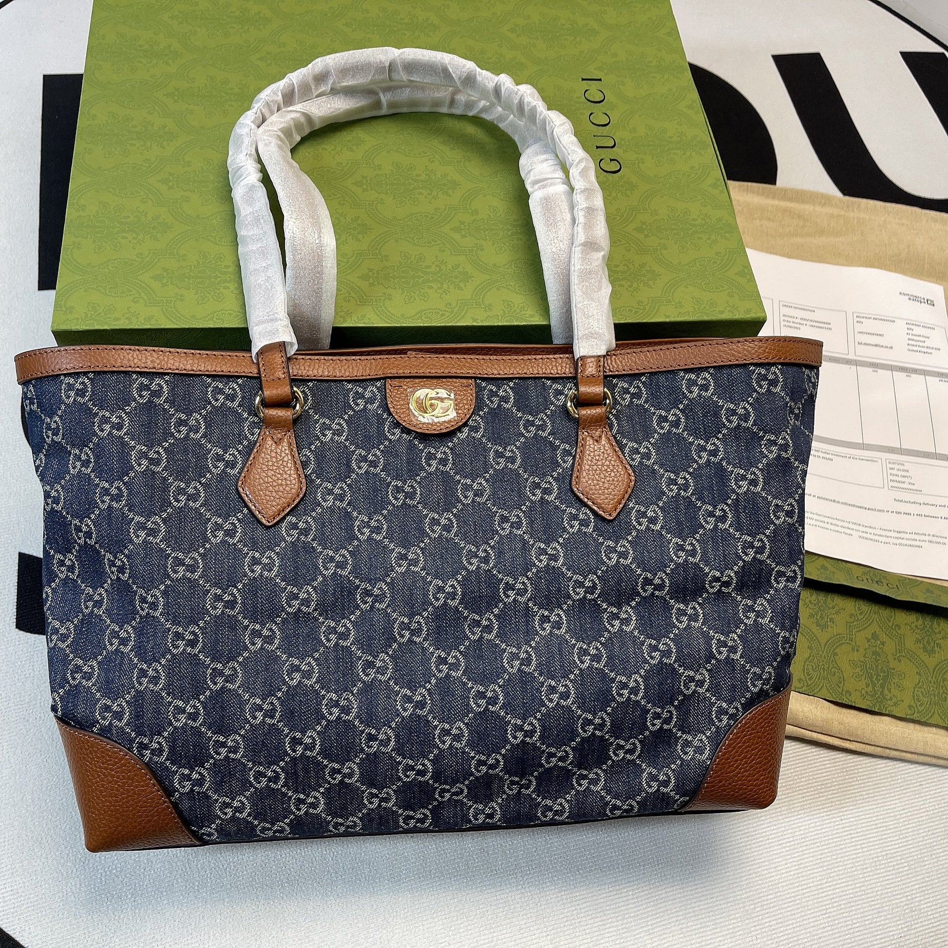 gg Ophidia gg Medium Tote Dark Blue And Ivory Eco Washed Organic gg Jacquard Denim  For Women 15in/38cm gg ‎631685 2KQgg 8375