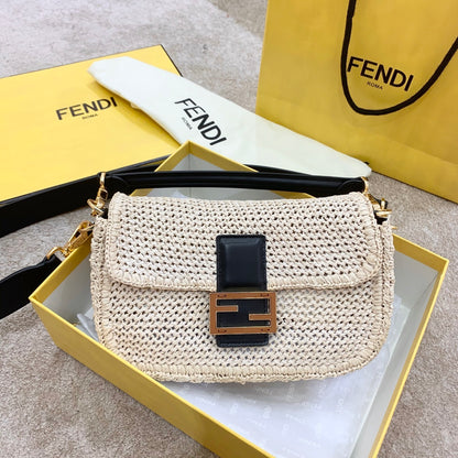 FI Baguette Woven Straw Black For Women, Women’s Handbags, Shoulder And Crossbody Bags 10.2in/26cm FF