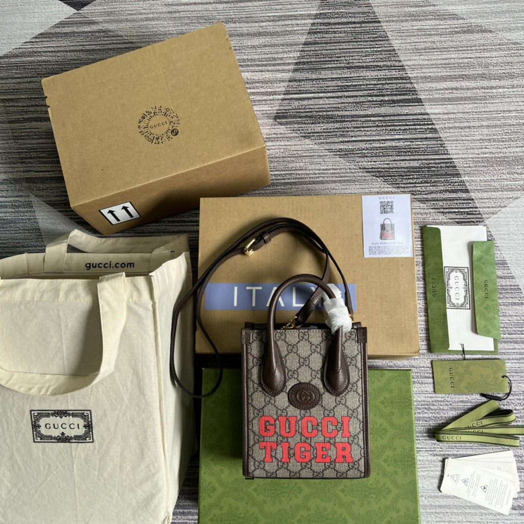 gg Tiger gg Mini Tote Bag Beige And Ebony gg Supreme Canvas Brown 7.8in/20cm gg 671623 US7EC 9396