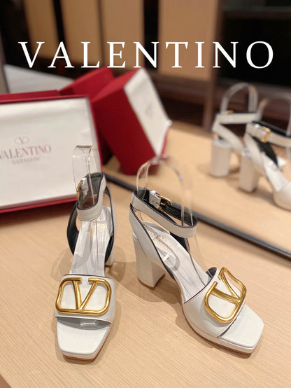 Valentino Garavani Strap Heeled Sandals With V Logo Signature Embellishment White For Women