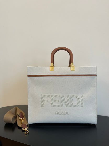 FI Sunshine Medium Tote Bag Light Grey Canvas For Women, Women’s Bags, Shoulder Bags 13.8in/35cm FF 8BH386