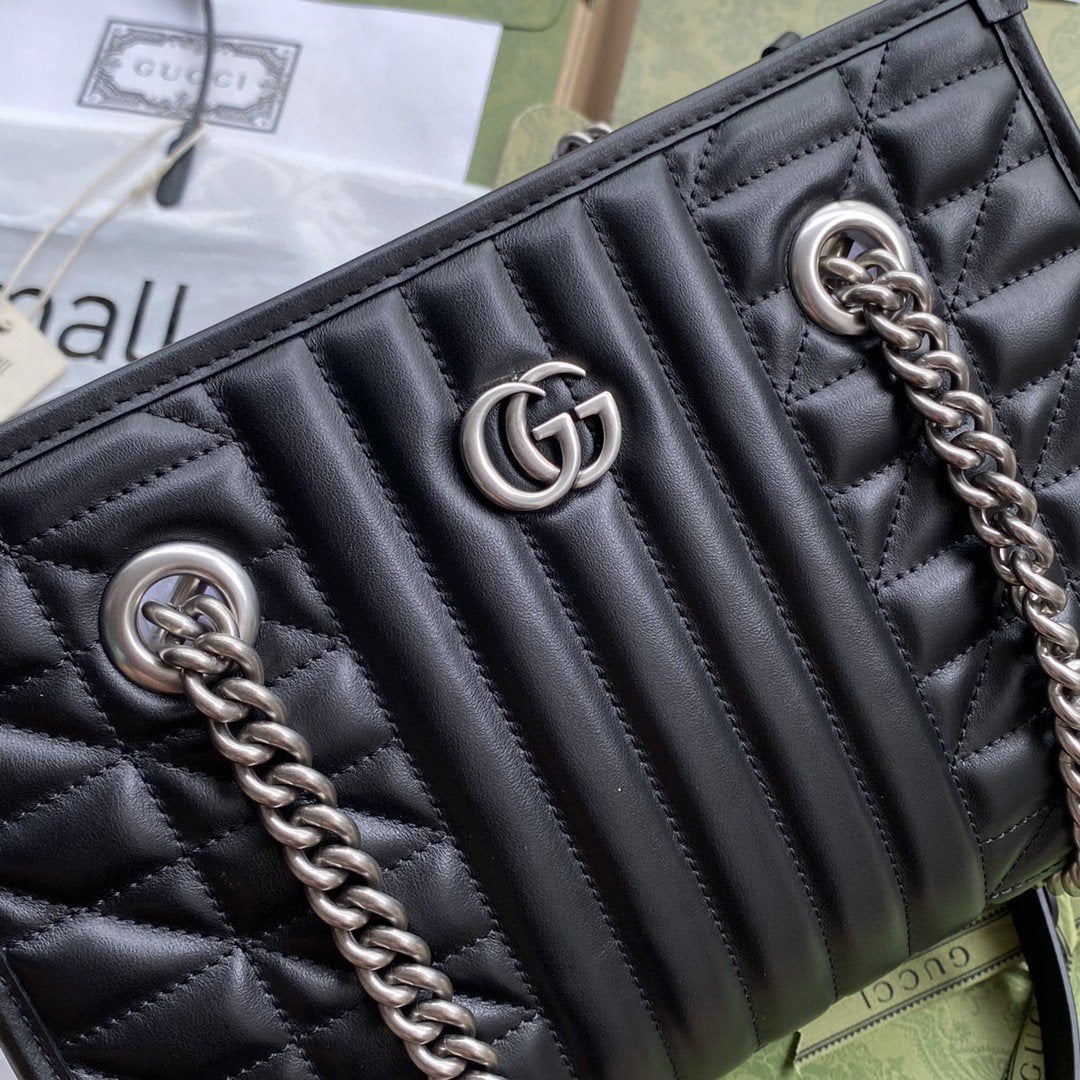 gg Marmont Small Tote Bag Black Matelasses For Women 10.4in/26.5cm gg 681483 UM8BN 1000