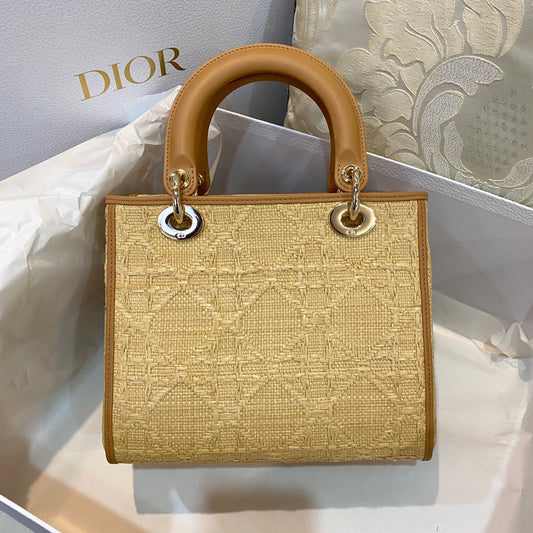 DI Medium Lady Bag Natural Cannage Raffia, Brown Handbags, 24cm CD M0565OMBD_M925