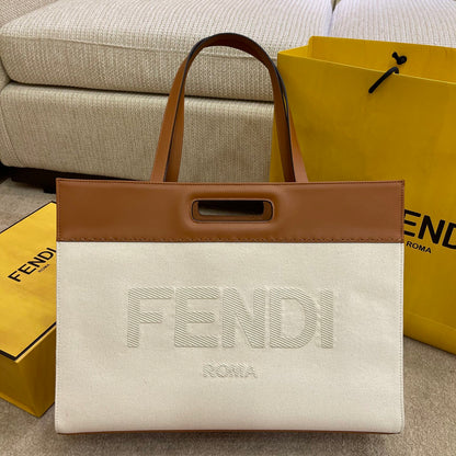 FI Canvas Tote Bag Beige/Brown For Women, Women’s Handbags 18.1in/46cm FF 7VA480