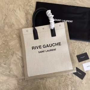 RIVE GAUCHE N/S TOTE BAG IN PRINTED LINEN AND LEATHER