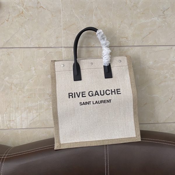 RIVE GAUCHE N/S TOTE BAG IN PRINTED LINEN AND LEATHER