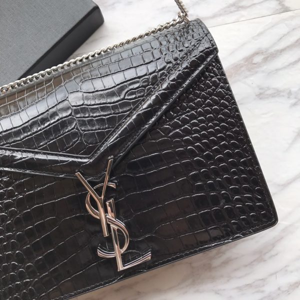 CASSANDRA MONOGRAM CLASP BAG IN CROCODILE EMBOSSED SHINY LEATHER