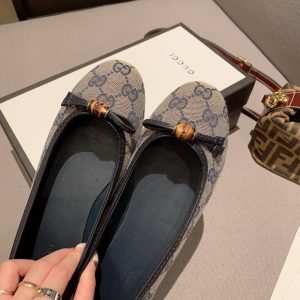 GG Beige/Blue GG Canvas And Leather Bow Ballet Flats