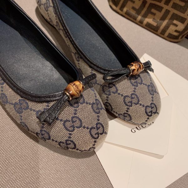 GG Beige/Blue GG Canvas And Leather Bow Ballet Flats