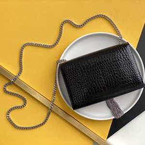 KATE SMALL CHAIN BAG WITH TASSEL IN CROCODILE-EMBOSSED SHINY LEATHER