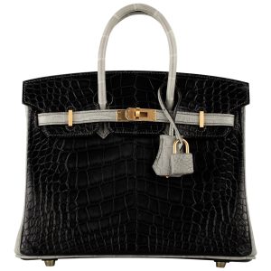 HERMES BIRKIN ALLIGATOR MATT CK89 NOIR & CK80 PEARL GREY GOLD HARDWARE  25CM