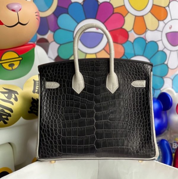 HERMES BIRKIN ALLIGATOR MATT CK89 NOIR & CK80 PEARL GREY GOLD HARDWARE  25CM