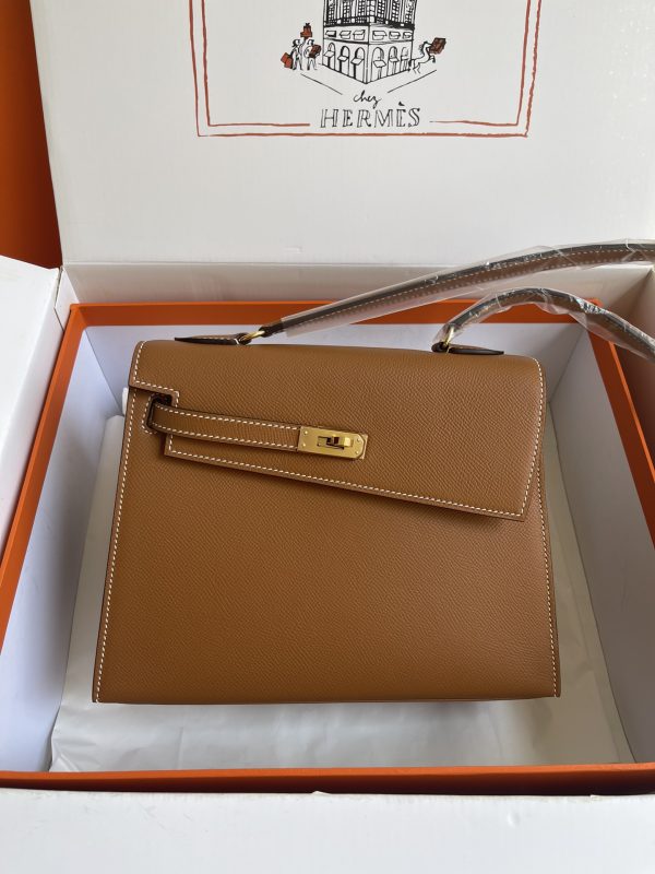 HERMES KELLY SELLIER EN DESORDRE EPSOM GOLD-TONED HARDWARE BROWN 25CM