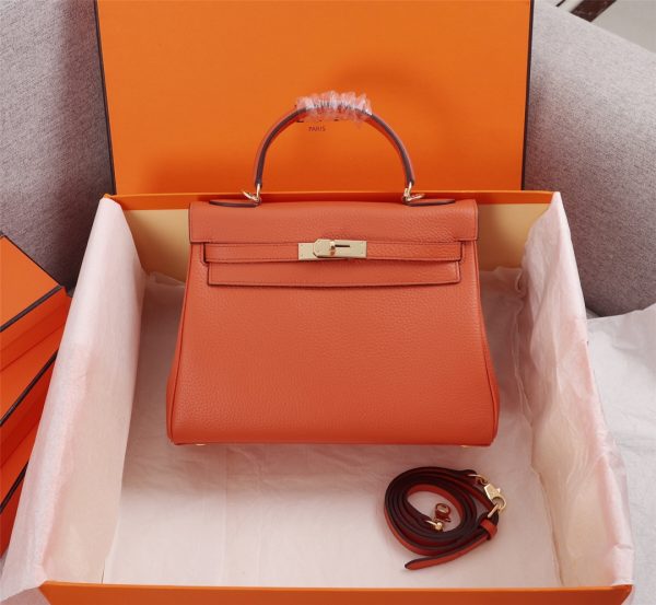 HERMES KELLY ORANGE SELLIER ROUGE EPSOM GOLD HARDWARE 28CM