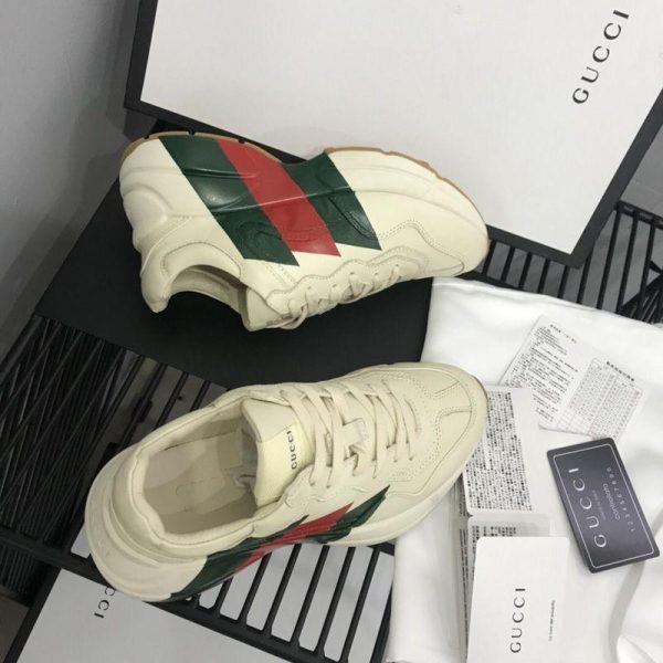 GUCCI REPLICATED RHYTON GREEN AND RED WEB PRINT WHITE LEATHER SNEAKERS