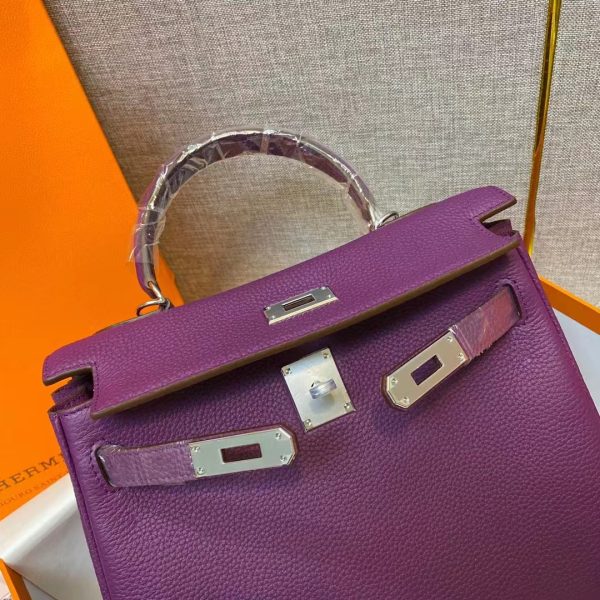 HERMES KELLY ROUGE EPSOM SILVER HARDWARE PURPLE 32CM