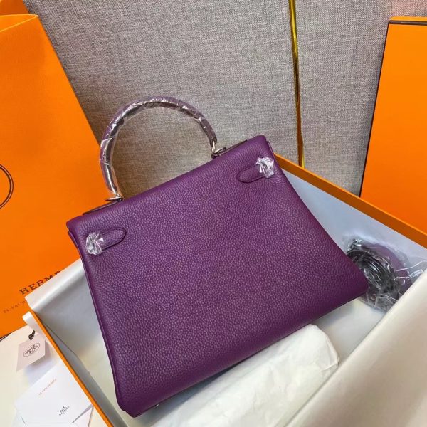 HERMES KELLY ROUGE EPSOM SILVER HARDWARE PURPLE 32CM