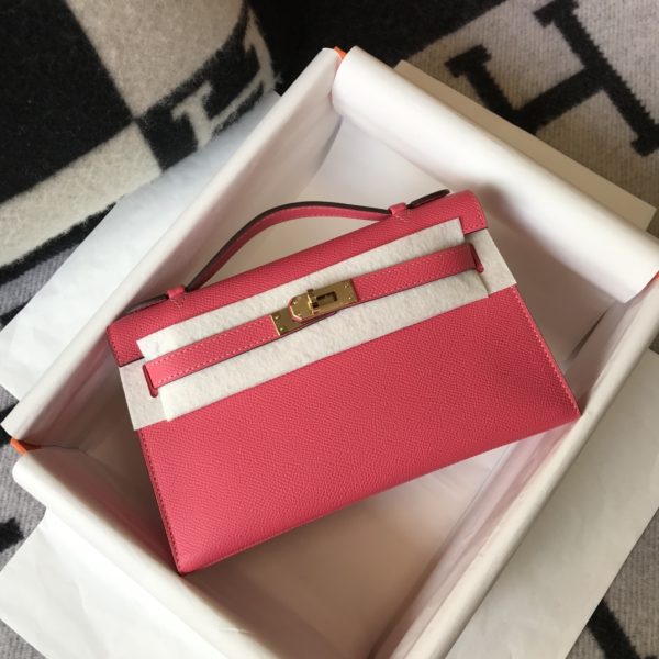 HERMES MINI KELLY POCHETTE GOLD TONED HARDWARE PINK 22CM