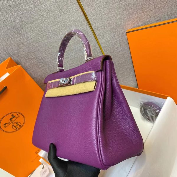 HERMES KELLY ROUGE EPSOM SILVER HARDWARE PURPLE 32CM