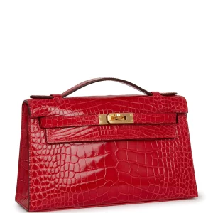 HERMES MINI KELLY POCHETTE CROCODILE GOLD TONED HARDWARE RED 22CM