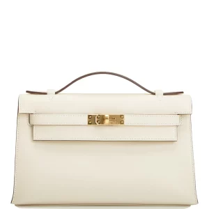 HERMES MINI KELLY POCHETTE GOLD TONED HARDWARE WHITE 22CM