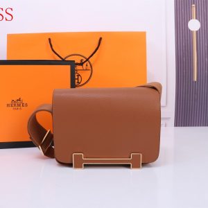 HERMES GETA BLACK CHEVRE GOLD HARDWARE BROWN 20CM