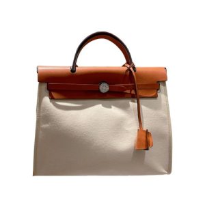 HERMES HERBAG ZIP 31 BAG PALLADIUM HARDWARE ORANGE BEIGE 31CM