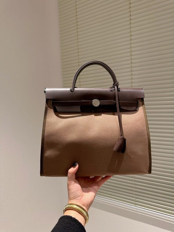 HERMES TOILE HERBAG ZIP TOTE BAG DARK BROWN 31CM