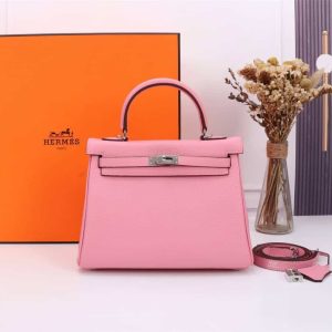 HERMÈS KELLY 28 SELLIER HANDBAG IN ROSE CONFETTI EPSOM LEATHER WITH PALLADIUM HARDWARE 28CM