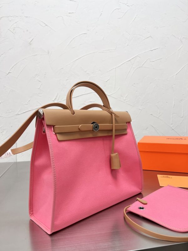 HERMÈS VACHE HUNTER TOILE HERBAG ZIP 31 PM ROSE AZALEE 31CM