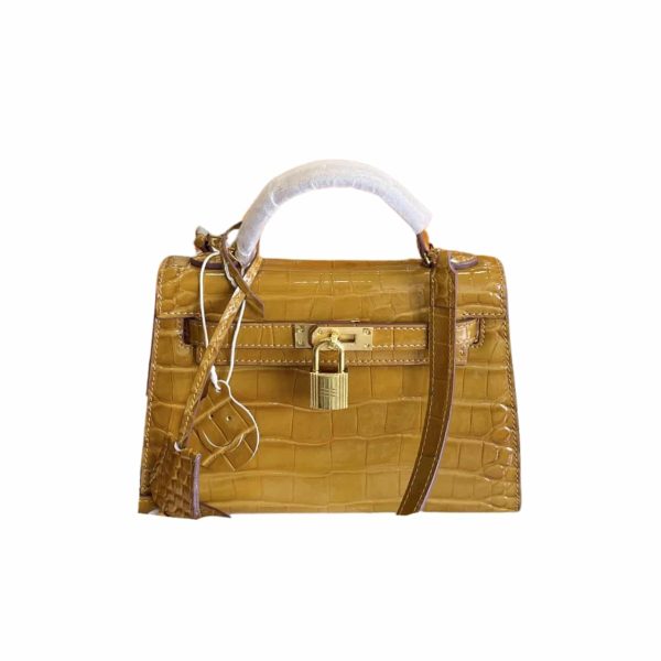 HERMÈS KELLY ALLIGATOR CROCODILE GOLD BUCKLE YELLOW 22CM