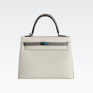 HERMES KELLY EPSOM CK10 CREAMY WHITE & M8 GRIS ASPHALTE SILVER HARDWARE 25CM