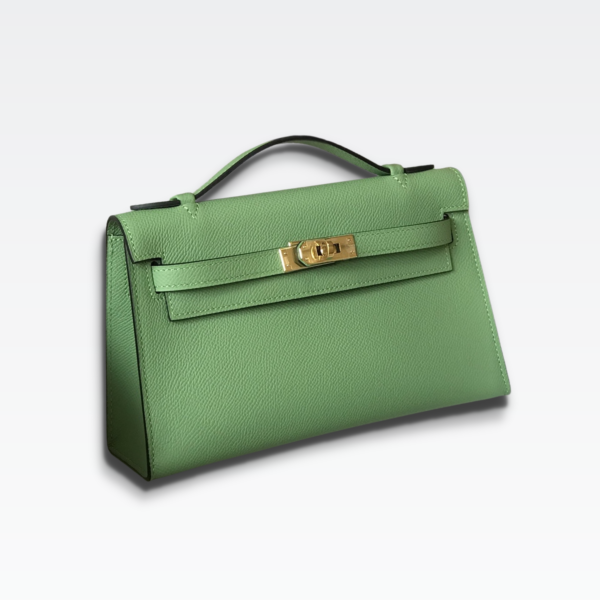 HERMES MINI KELLY POCHETTE GOLD TONED HARDWARE LIGHT GREEN 22CM