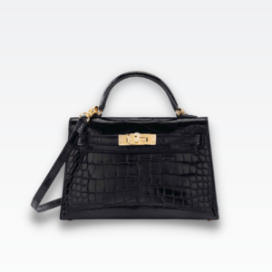 HERMES MINI KELLY CROCODILE GOLD-TONED HARDWARE BLACK 22CM