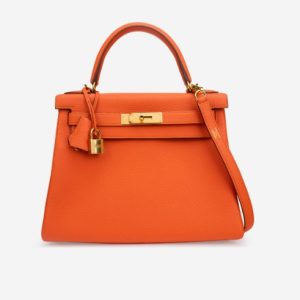 HERMES KELLY ORANGE SELLIER ROUGE EPSOM GOLD HARDWARE 28CM