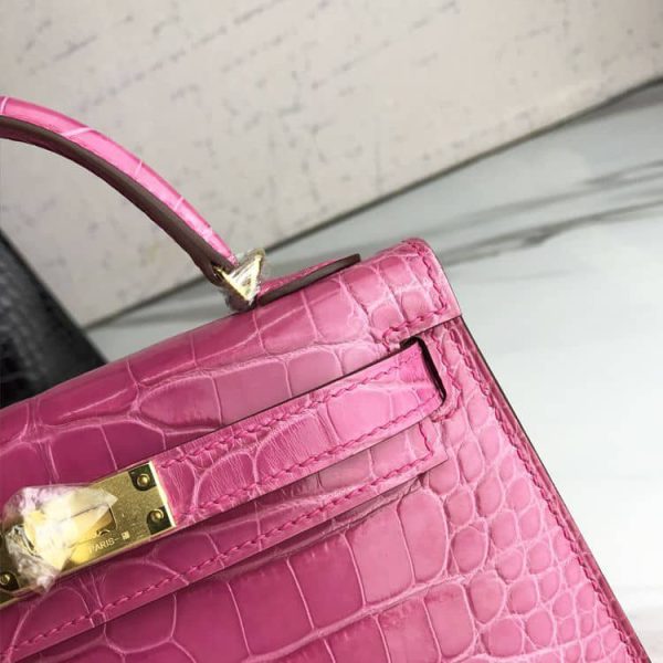 HERMES MINI KELLY POCHETTE CROCODILE GOLD TONED HARDWARE PURPLE 22CM