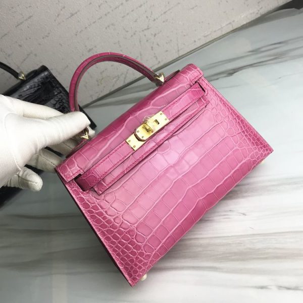 HERMES MINI KELLY POCHETTE CROCODILE GOLD TONED HARDWARE PURPLE 22CM