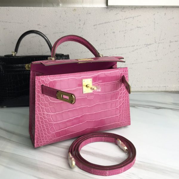 HERMES MINI KELLY POCHETTE CROCODILE GOLD TONED HARDWARE PURPLE 22CM