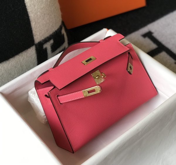 HERMES MINI KELLY POCHETTE GOLD TONED HARDWARE PINK 22CM