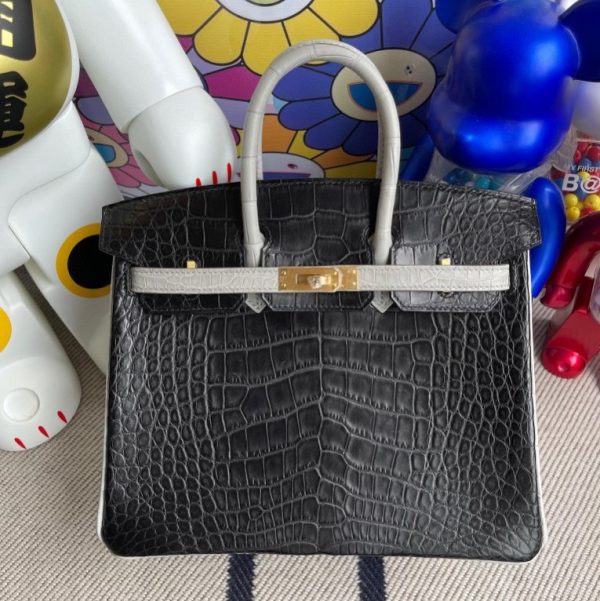 HERMES BIRKIN ALLIGATOR MATT CK89 NOIR & CK80 PEARL GREY GOLD HARDWARE  25CM