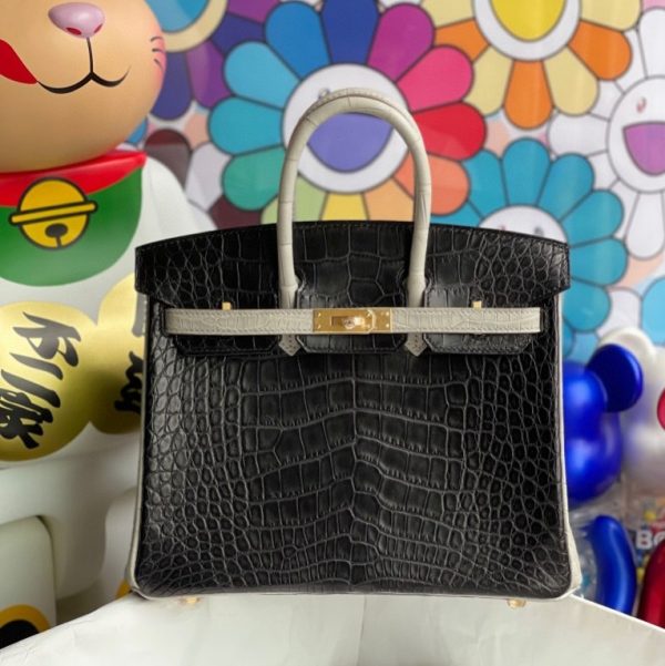 HERMES BIRKIN ALLIGATOR MATT CK89 NOIR & CK80 PEARL GREY GOLD HARDWARE  25CM