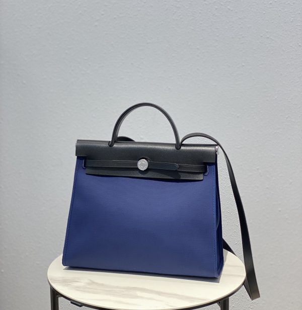 HERMES HERBAG ZIP 31 BAG PALLADIUM HARDWARE NAVY BLUE 31CM