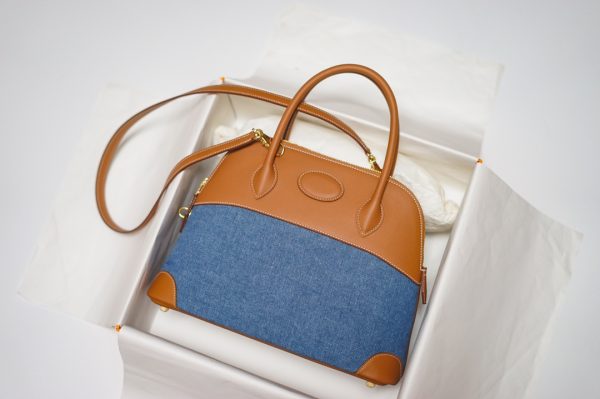 HERMES VINTAGE BOLIDE 31 CANVAS LEATHHER BAG DENIM 31CM