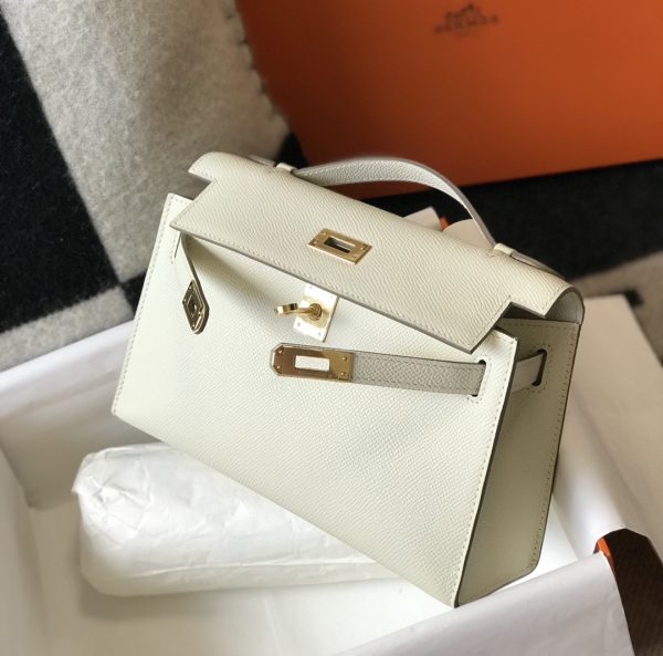 HERMES MINI KELLY POCHETTE GOLD TONED HARDWARE WHITE 22CM