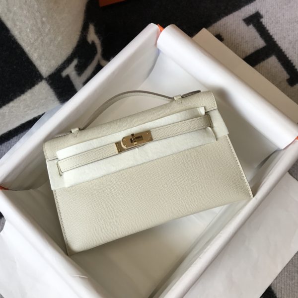 HERMES MINI KELLY POCHETTE GOLD TONED HARDWARE WHITE 22CM